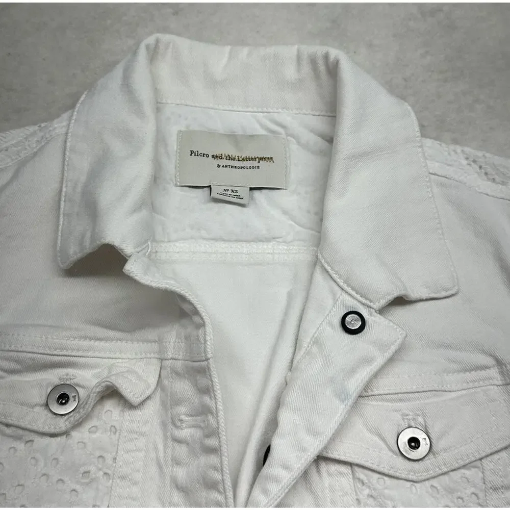 Pilcro Anthropologie White Denim Eyelet Trucker Jacket Boho Western XSmall - Picture 4 of 7